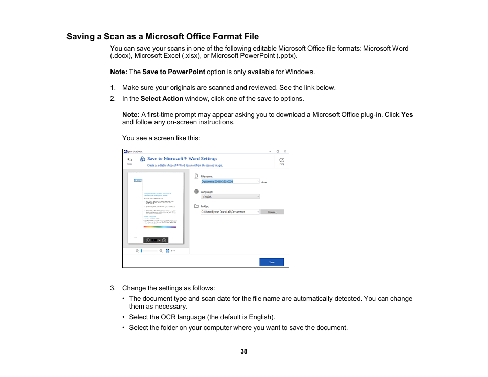 Saving a scan as a microsoft office format file | Epson Workforce ES-60W Wireless Portable Document Scanner User Manual | Page 38 / 112