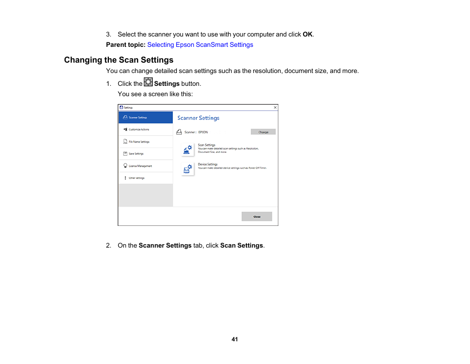 Changing the scan settings | Epson Workforce ES-60W Wireless Portable Document Scanner User Manual | Page 41 / 112