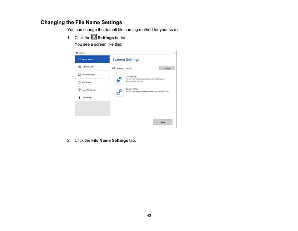 Changing the file name settings | Epson Workforce ES-60W Wireless Portable Document Scanner User Manual | Page 43 / 112