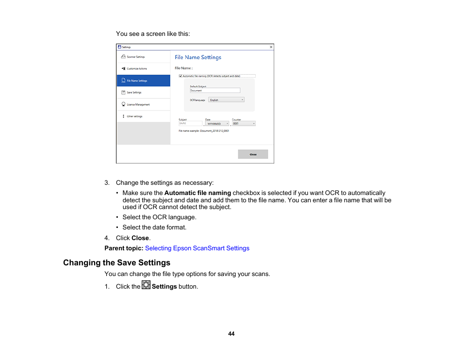 Changing the save settings | Epson Workforce ES-60W Wireless Portable Document Scanner User Manual | Page 44 / 112