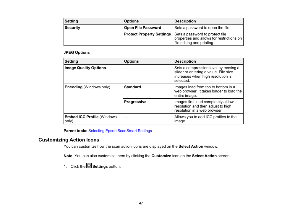 Customizing action icons | Epson Workforce ES-60W Wireless Portable Document Scanner User Manual | Page 47 / 112