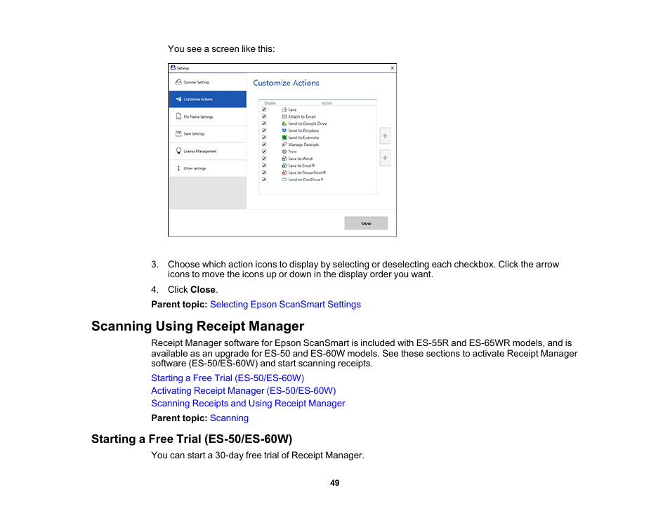 Scanning using receipt manager, Starting a free trial (es-50/es-60w) | Epson Workforce ES-60W Wireless Portable Document Scanner User Manual | Page 49 / 112