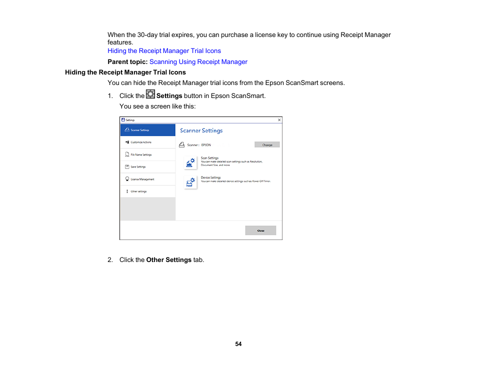 Hiding the receipt manager trial icons | Epson Workforce ES-60W Wireless Portable Document Scanner User Manual | Page 54 / 112