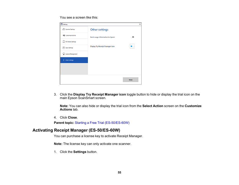 Activating receipt manager (es-50/es-60w) | Epson Workforce ES-60W Wireless Portable Document Scanner User Manual | Page 55 / 112