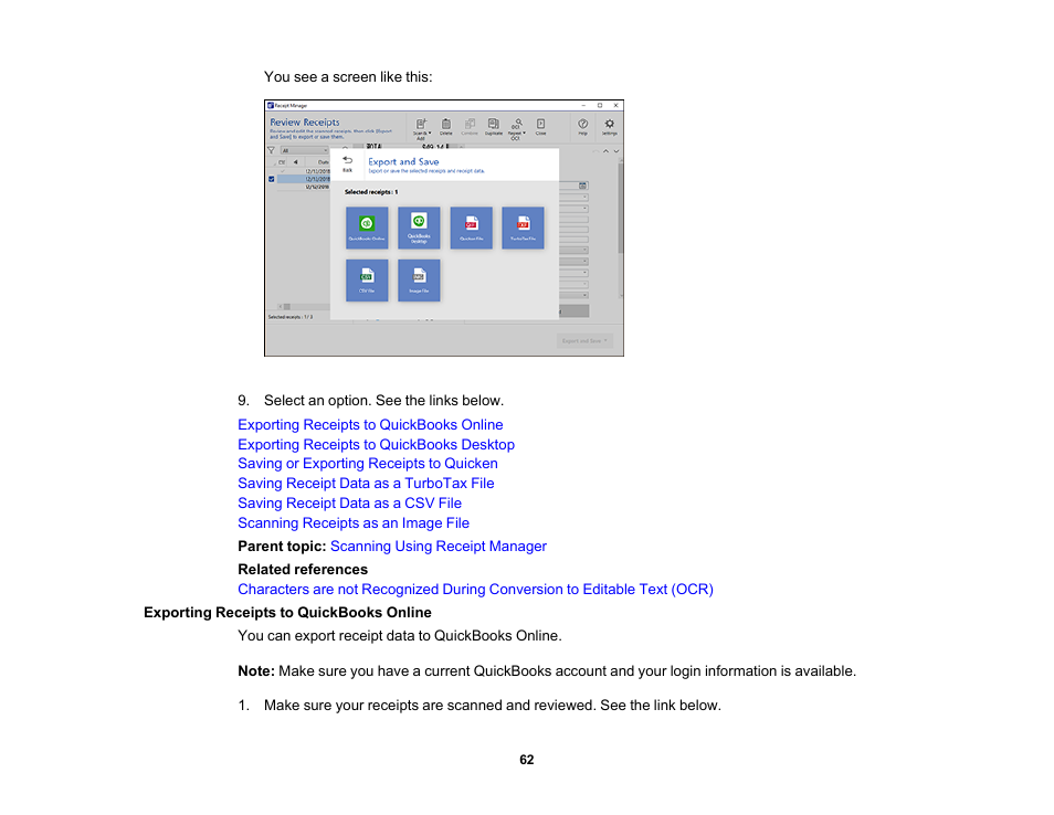 Exporting receipts to quickbooks online | Epson Workforce ES-60W Wireless Portable Document Scanner User Manual | Page 62 / 112