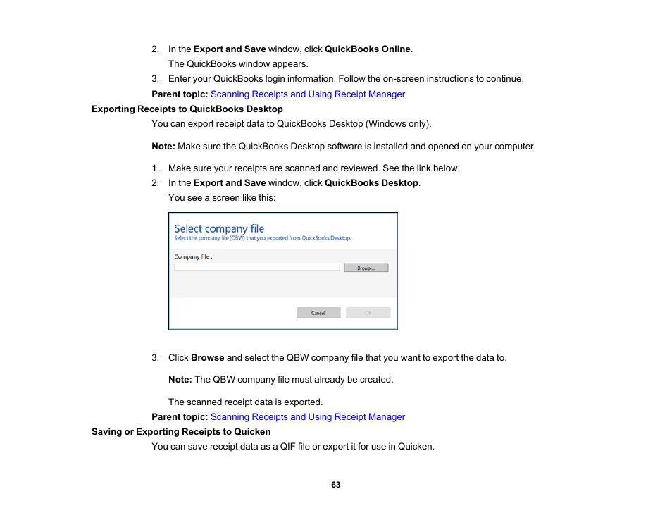 Exporting receipts to quickbooks desktop, Saving or exporting receipts to quicken | Epson Workforce ES-60W Wireless Portable Document Scanner User Manual | Page 63 / 112