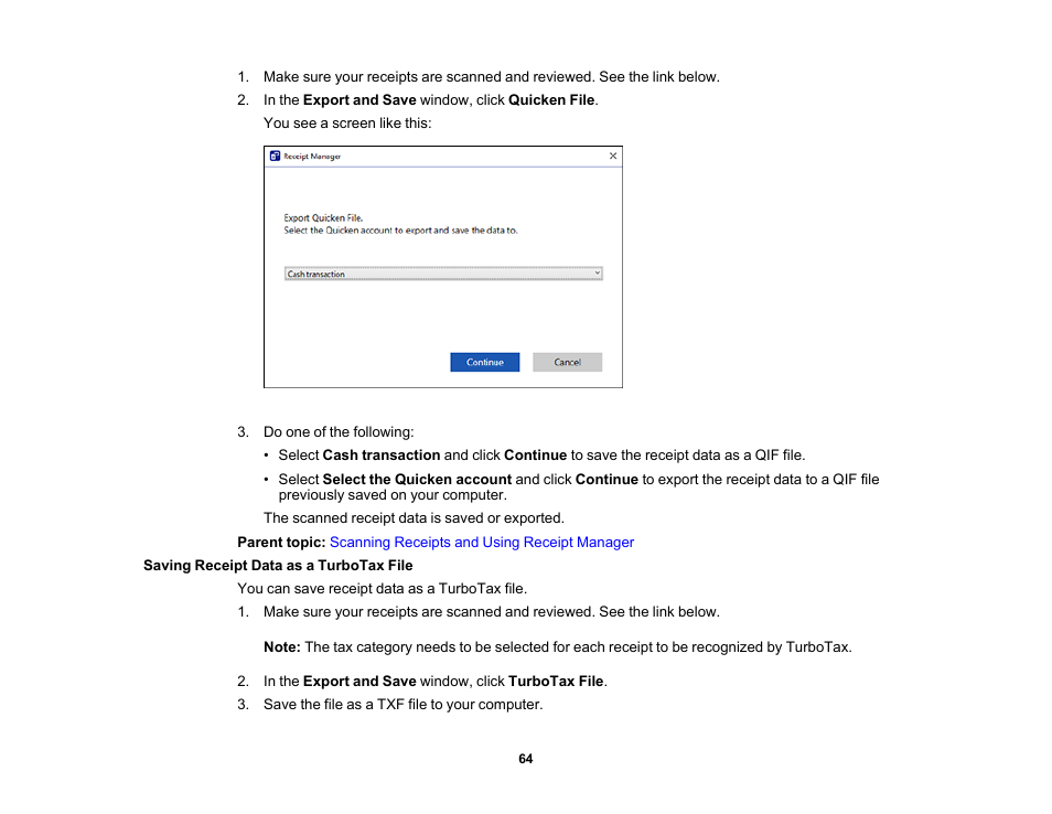 Saving receipt data as a turbotax file | Epson Workforce ES-60W Wireless Portable Document Scanner User Manual | Page 64 / 112