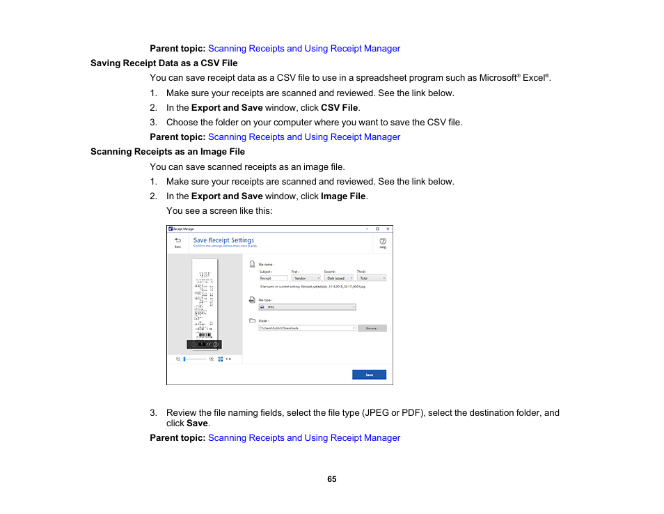 Saving receipt data as a csv file, Scanning receipts as an image file | Epson Workforce ES-60W Wireless Portable Document Scanner User Manual | Page 65 / 112