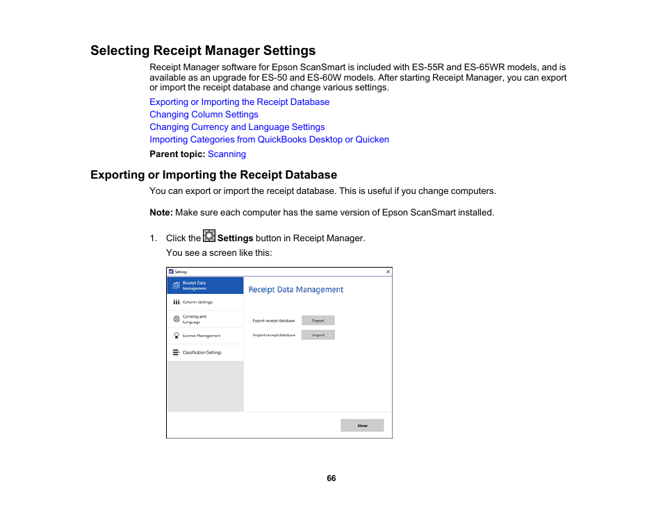 Selecting receipt manager settings, Exporting or importing the receipt database | Epson Workforce ES-60W Wireless Portable Document Scanner User Manual | Page 66 / 112