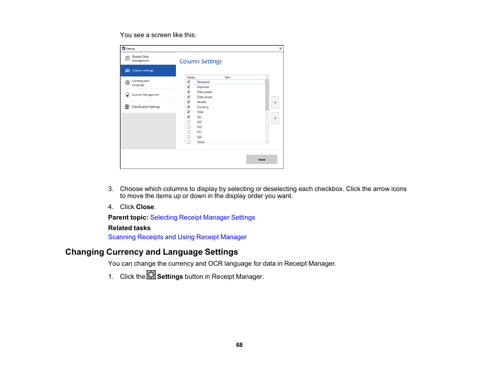 Changing currency and language settings | Epson Workforce ES-60W Wireless Portable Document Scanner User Manual | Page 68 / 112