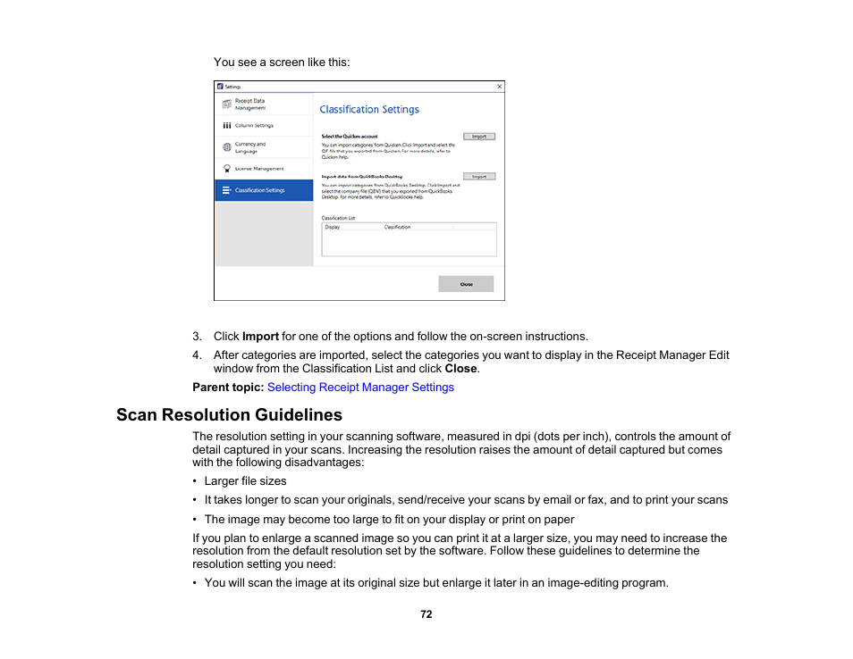 Scan resolution guidelines | Epson Workforce ES-60W Wireless Portable Document Scanner User Manual | Page 72 / 112