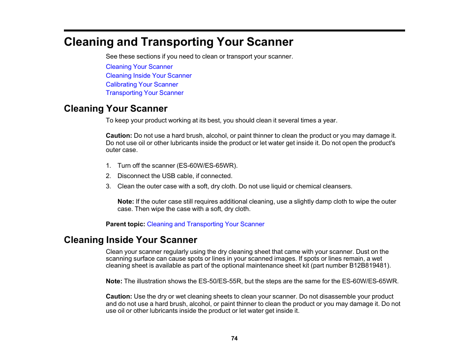 Cleaning and transporting your scanner, Cleaning your scanner, Cleaning inside your scanner | Cleaning your scanner cleaning inside your scanner | Epson Workforce ES-60W Wireless Portable Document Scanner User Manual | Page 74 / 112