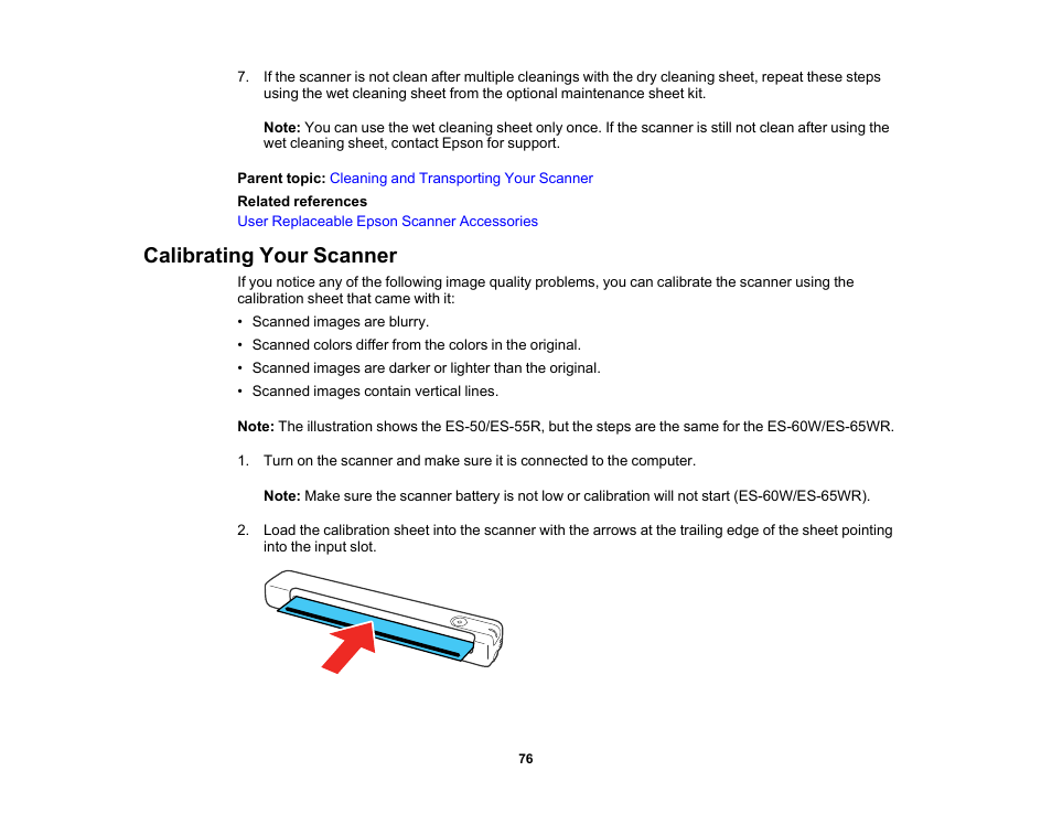 Calibrating your scanner | Epson Workforce ES-60W Wireless Portable Document Scanner User Manual | Page 76 / 112