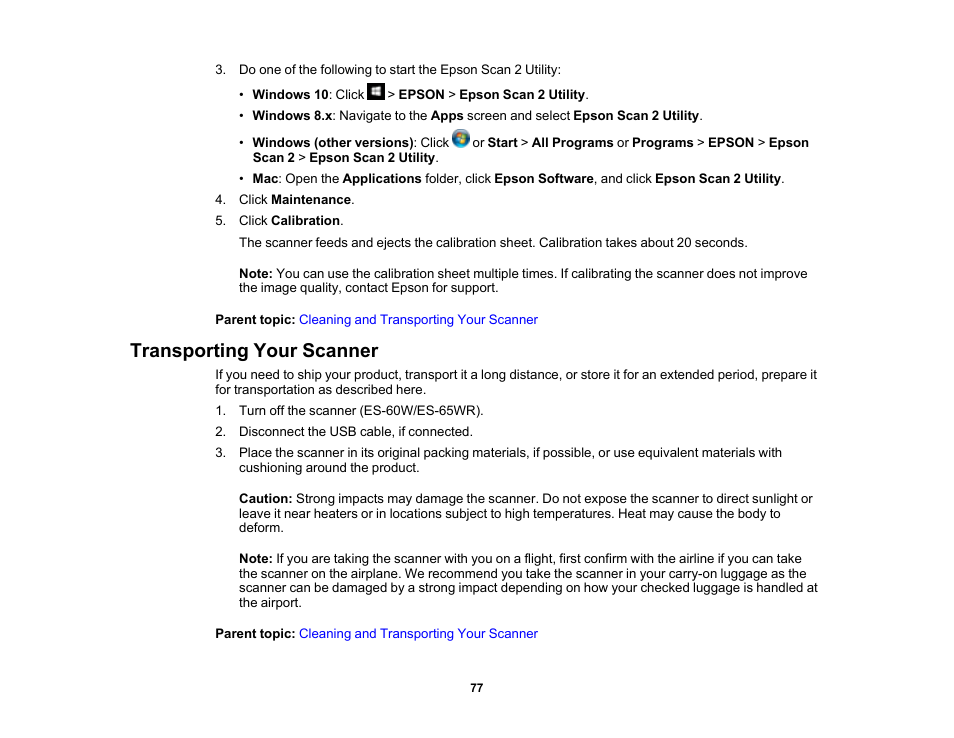 Transporting your scanner | Epson Workforce ES-60W Wireless Portable Document Scanner User Manual | Page 77 / 112