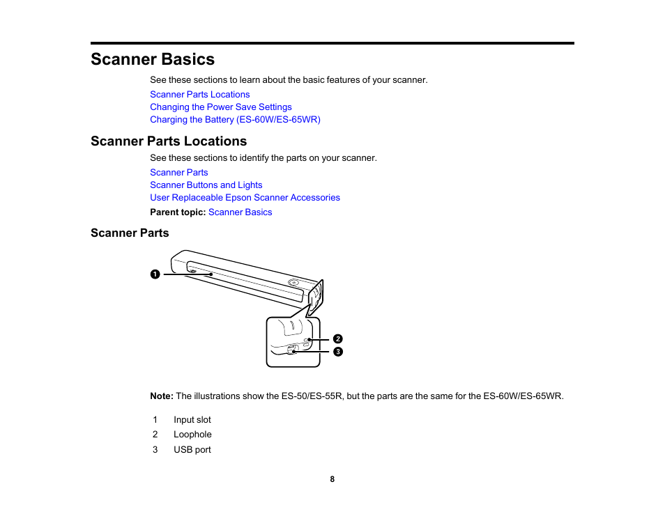 Scanner basics, Scanner parts locations, Scanner parts | Epson Workforce ES-60W Wireless Portable Document Scanner User Manual | Page 8 / 112