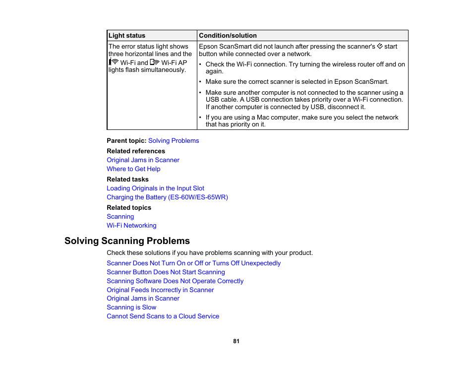 Solving scanning problems | Epson Workforce ES-60W Wireless Portable Document Scanner User Manual | Page 81 / 112