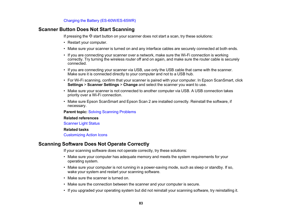 Scanner button does not start scanning, Scanning software does not operate correctly | Epson Workforce ES-60W Wireless Portable Document Scanner User Manual | Page 83 / 112