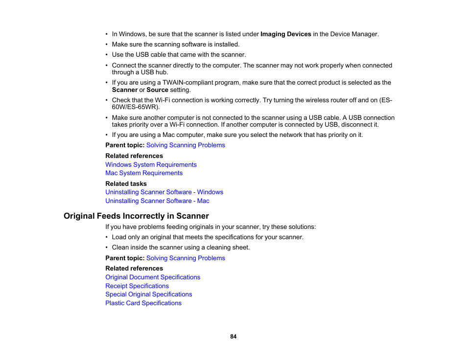 Original feeds incorrectly in scanner | Epson Workforce ES-60W Wireless Portable Document Scanner User Manual | Page 84 / 112