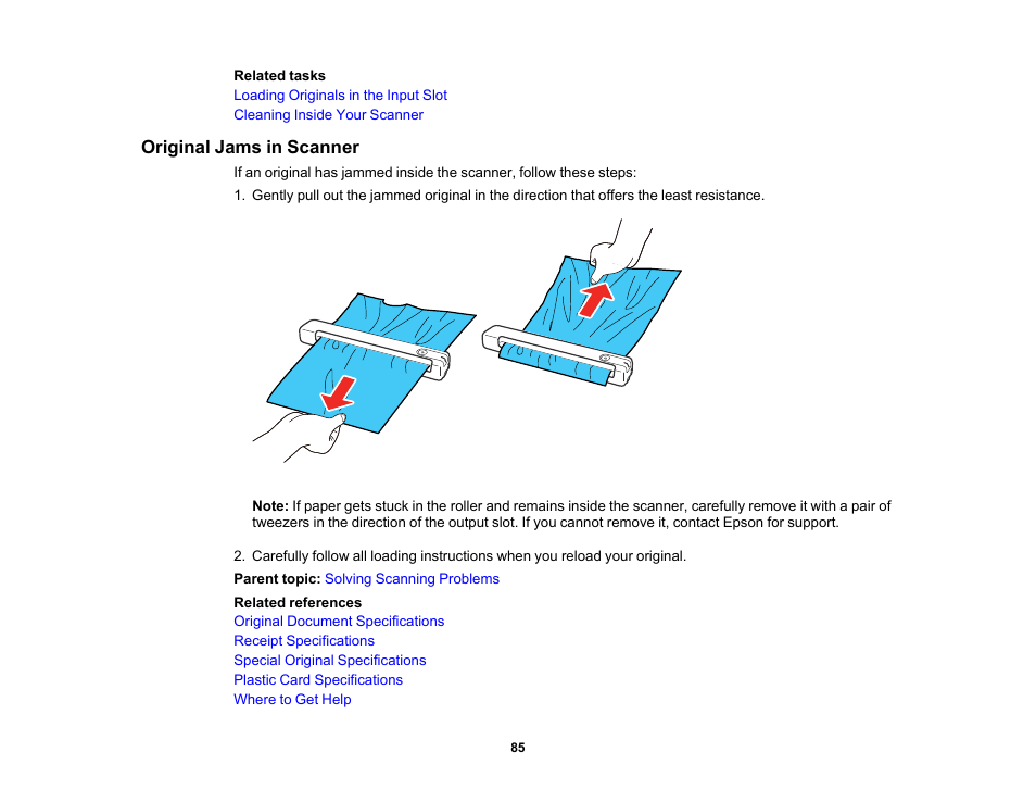 Original jams in scanner | Epson Workforce ES-60W Wireless Portable Document Scanner User Manual | Page 85 / 112