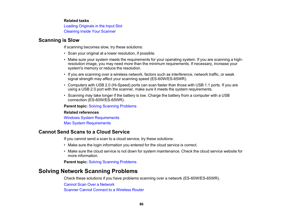 Scanning is slow, Cannot send scans to a cloud service, Solving network scanning problems | Epson Workforce ES-60W Wireless Portable Document Scanner User Manual | Page 86 / 112