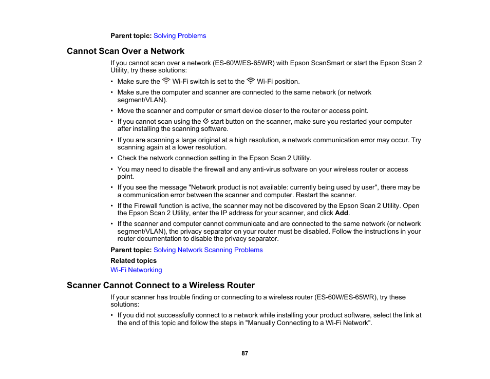 Cannot scan over a network, Scanner cannot connect to a wireless router | Epson Workforce ES-60W Wireless Portable Document Scanner User Manual | Page 87 / 112
