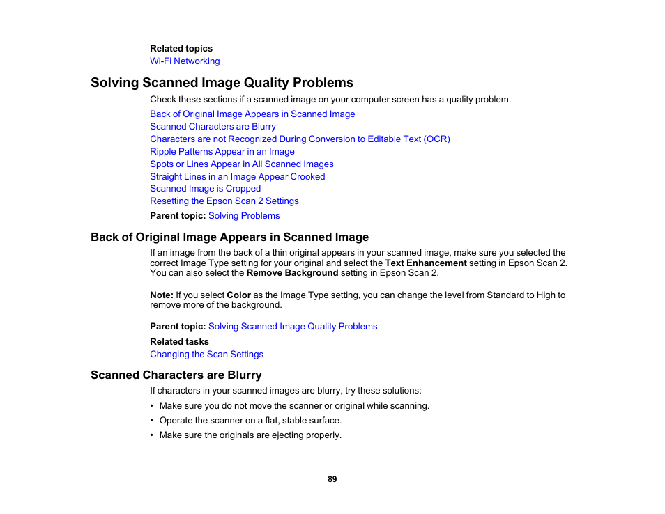 Solving scanned image quality problems, Back of original image appears in scanned image, Scanned characters are blurry | Epson Workforce ES-60W Wireless Portable Document Scanner User Manual | Page 89 / 112