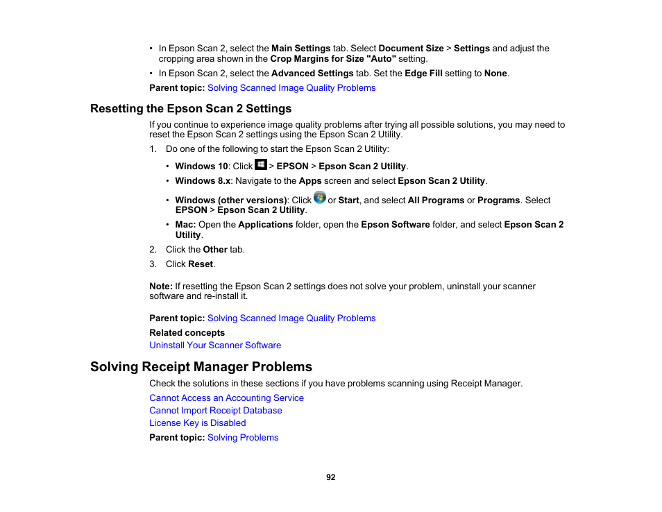 Resetting the epson scan 2 settings, Solving receipt manager problems | Epson Workforce ES-60W Wireless Portable Document Scanner User Manual | Page 92 / 112