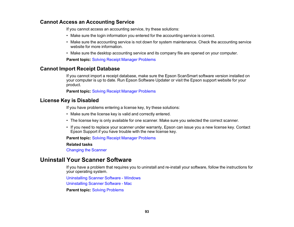 Cannot access an accounting service, Cannot import receipt database, License key is disabled | Uninstall your scanner software | Epson Workforce ES-60W Wireless Portable Document Scanner User Manual | Page 93 / 112