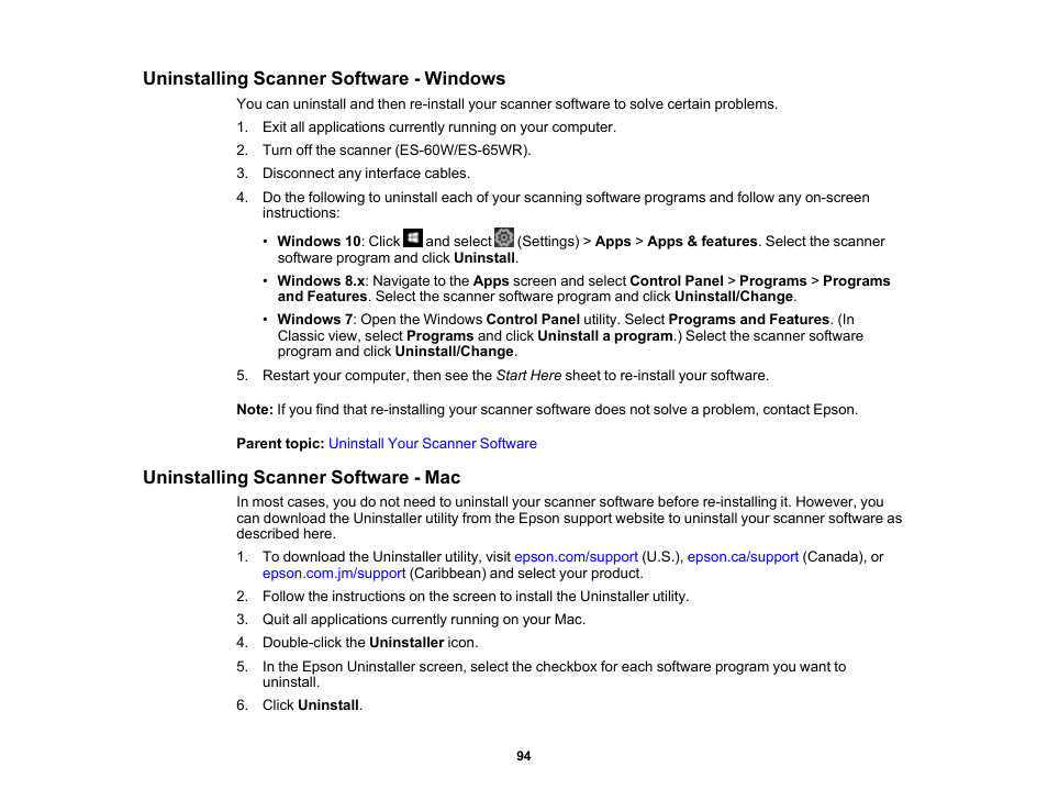 Uninstalling scanner software - windows, Uninstalling scanner software - mac | Epson Workforce ES-60W Wireless Portable Document Scanner User Manual | Page 94 / 112