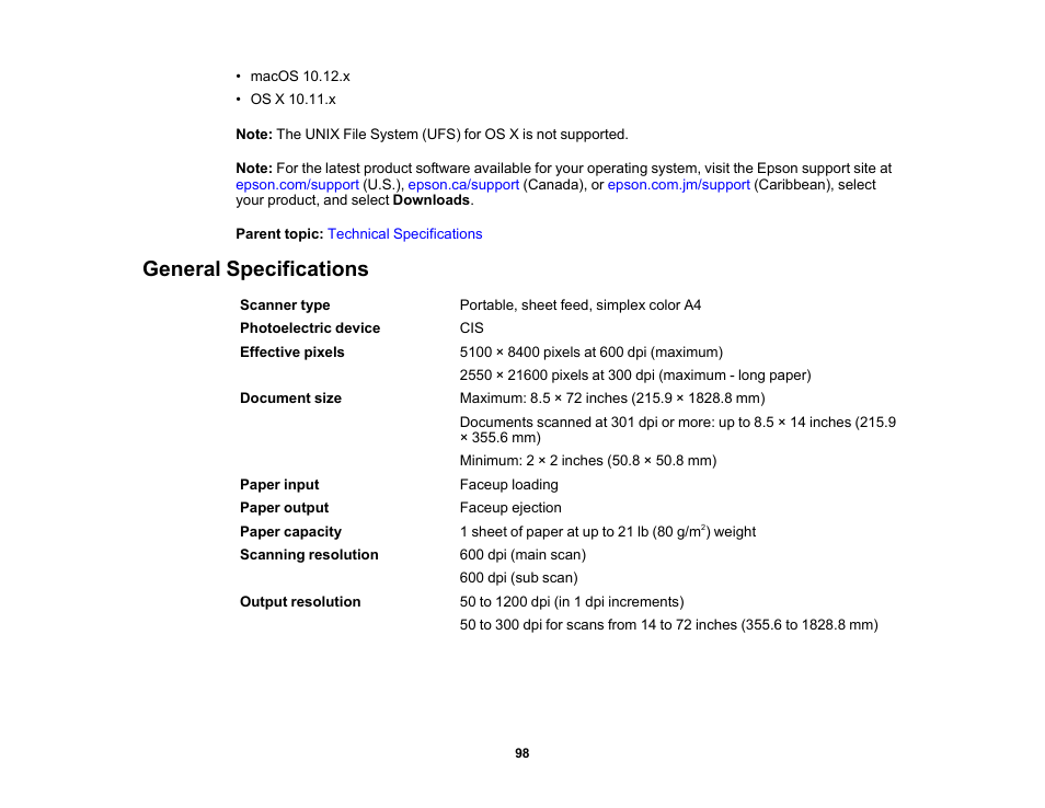 General specifications | Epson Workforce ES-60W Wireless Portable Document Scanner User Manual | Page 98 / 112