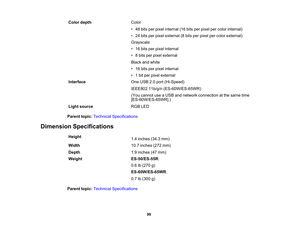 Dimension specifications | Epson Workforce ES-60W Wireless Portable Document Scanner User Manual | Page 99 / 112