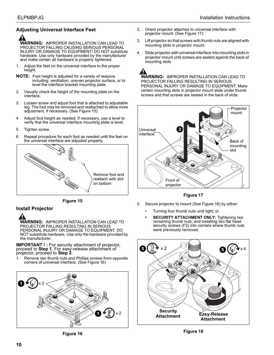 Adjusting universal interface feet, Install projector | Epson Universal Projector Mount with 3" Extension Column User Manual | Page 10 / 44