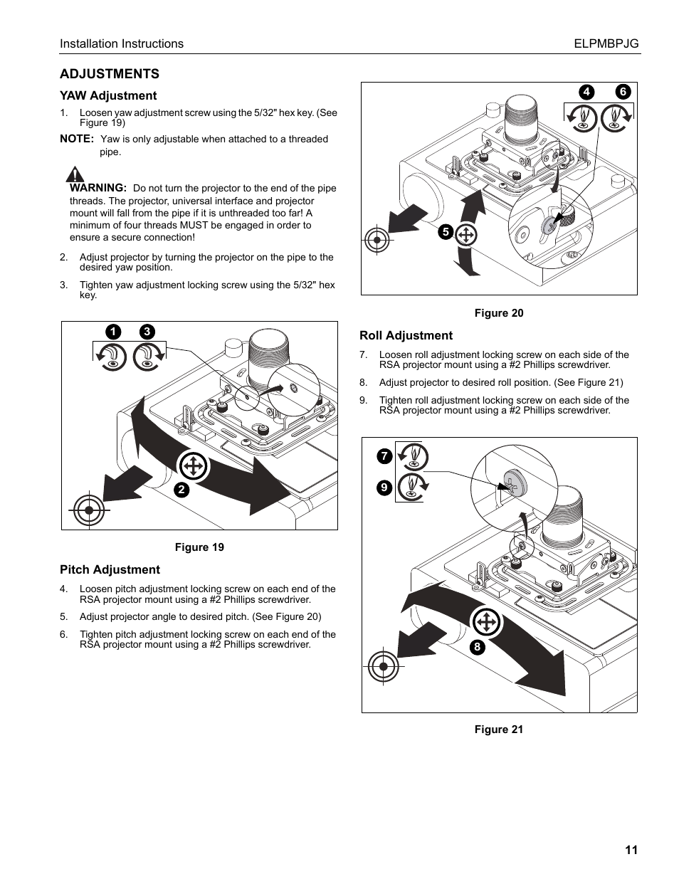 Adjustments | Epson Universal Projector Mount with 3" Extension Column User Manual | Page 11 / 44