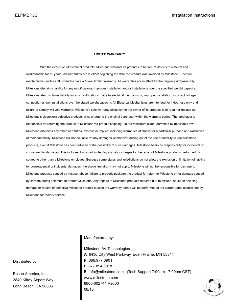 Limited warranty, Elpmbpjg installation instructions | Epson Universal Projector Mount with 3" Extension Column User Manual | Page 12 / 44