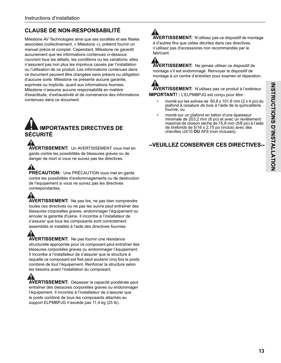 Instructions d’installation, Clause de non-responsabilité | Epson Universal Projector Mount with 3" Extension Column User Manual | Page 13 / 44