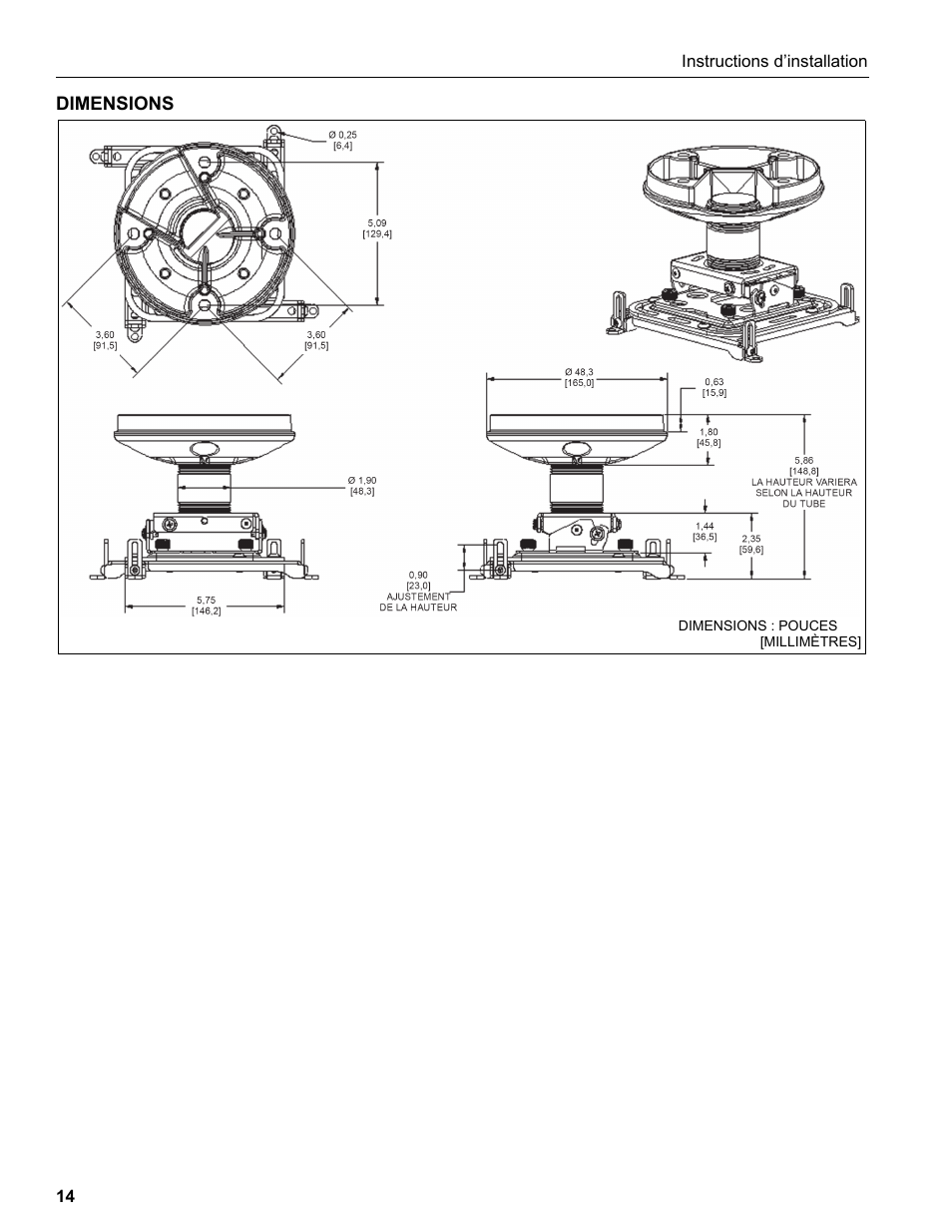 Dimensions | Epson Universal Projector Mount with 3" Extension Column User Manual | Page 14 / 44