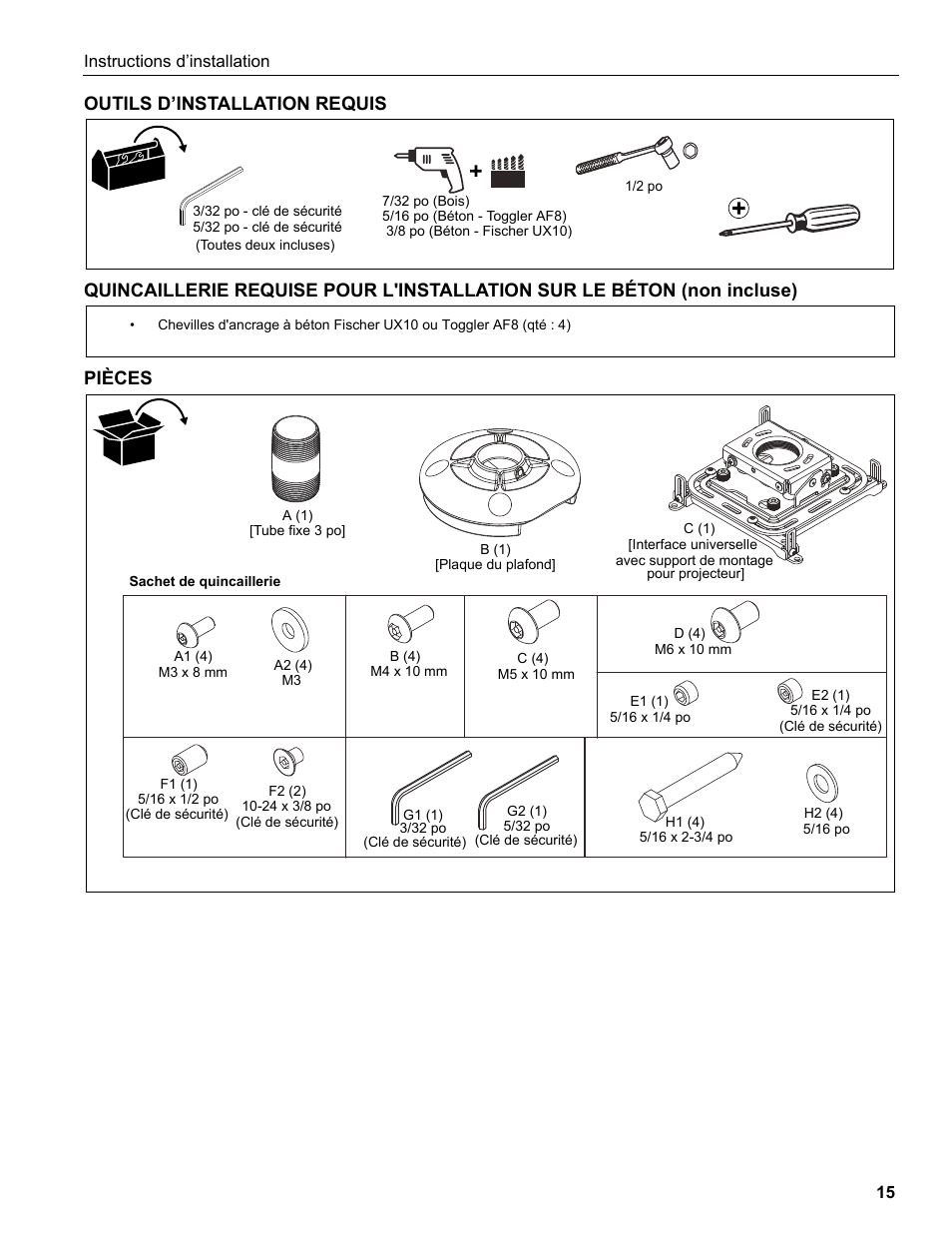 Outils d’installation requis, Pièces | Epson Universal Projector Mount with 3" Extension Column User Manual | Page 15 / 44