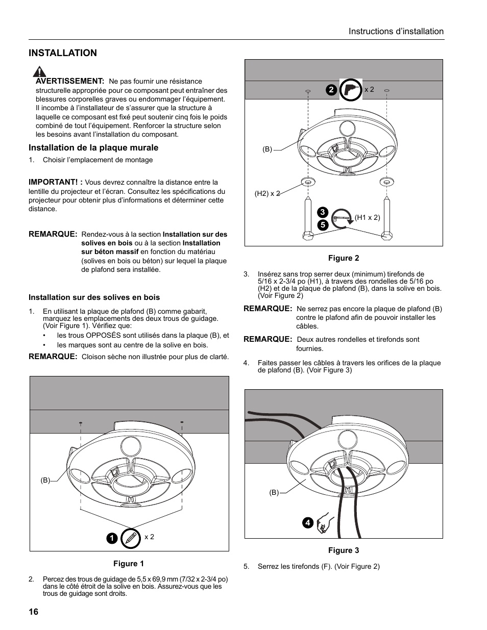 Installation, Installation de la plaque murale | Epson Universal Projector Mount with 3" Extension Column User Manual | Page 16 / 44