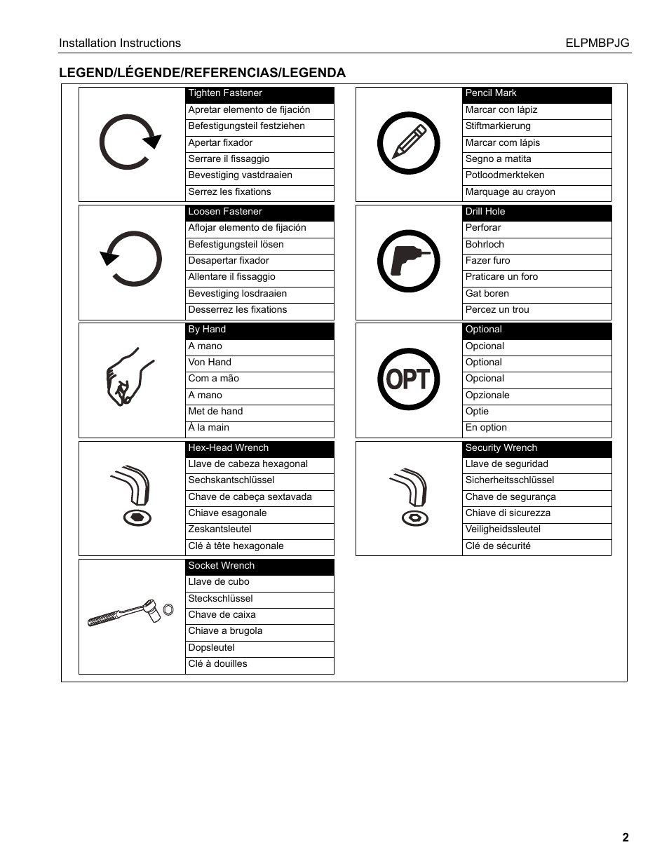 Legend/légende/referencias/legenda | Epson Universal Projector Mount with 3" Extension Column User Manual | Page 2 / 44