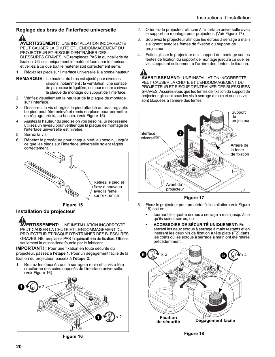 Réglage des bras de l’interface universelle, Installation du projecteur | Epson Universal Projector Mount with 3" Extension Column User Manual | Page 20 / 44