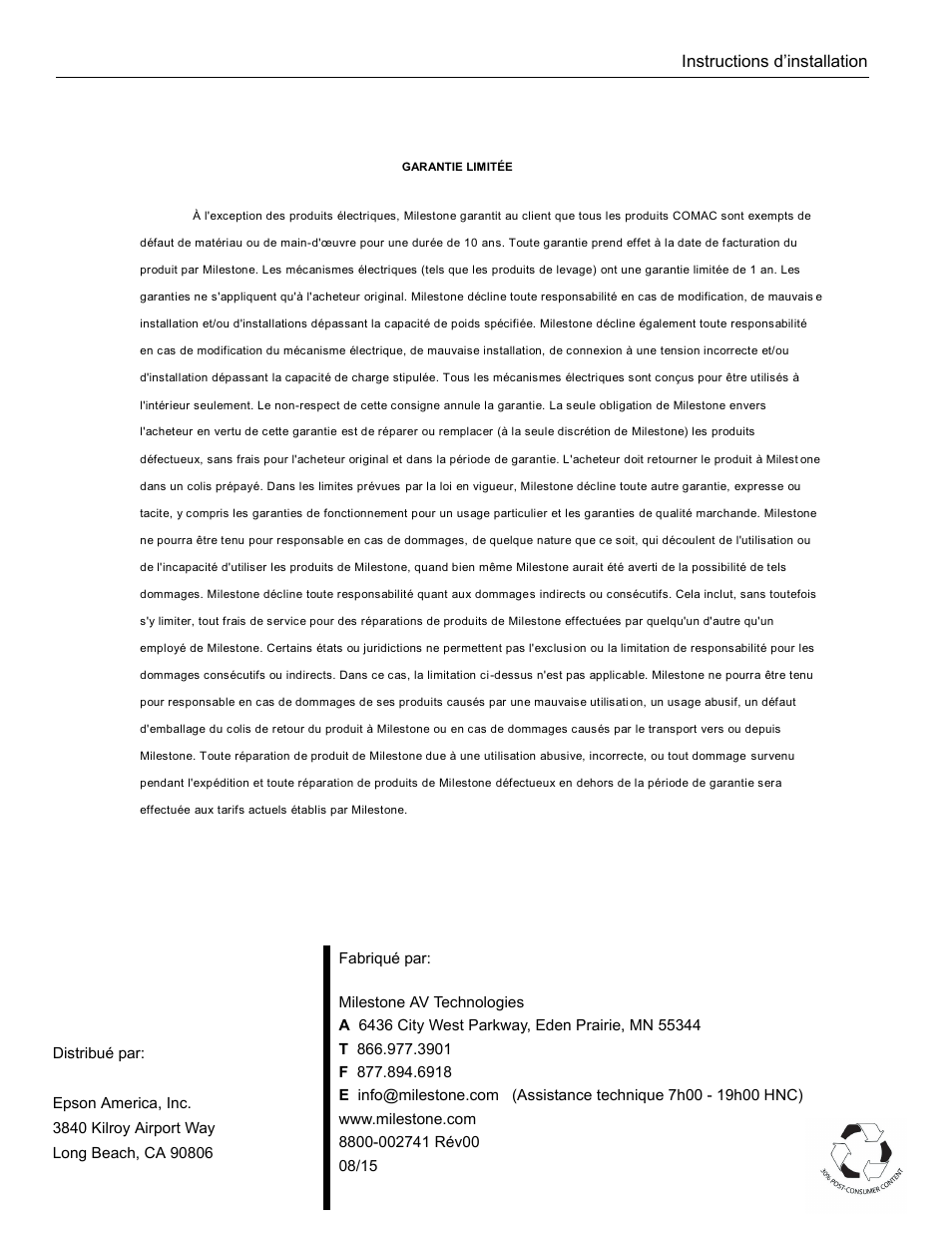 Garantie limitée, Instructions d’installation | Epson Universal Projector Mount with 3" Extension Column User Manual | Page 22 / 44