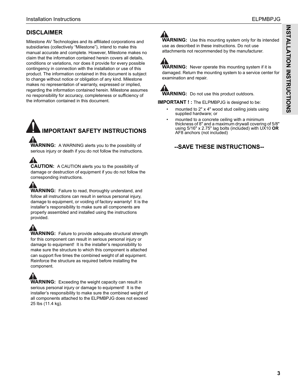 Installation instructions, Disclaimer | Epson Universal Projector Mount with 3" Extension Column User Manual | Page 3 / 44