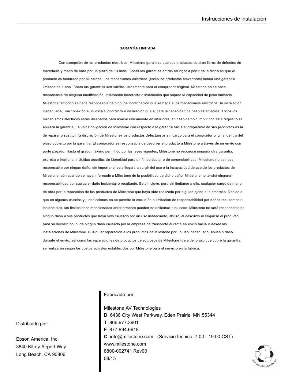 Instrucciones de instalaciòn | Epson Universal Projector Mount with 3" Extension Column User Manual | Page 32 / 44