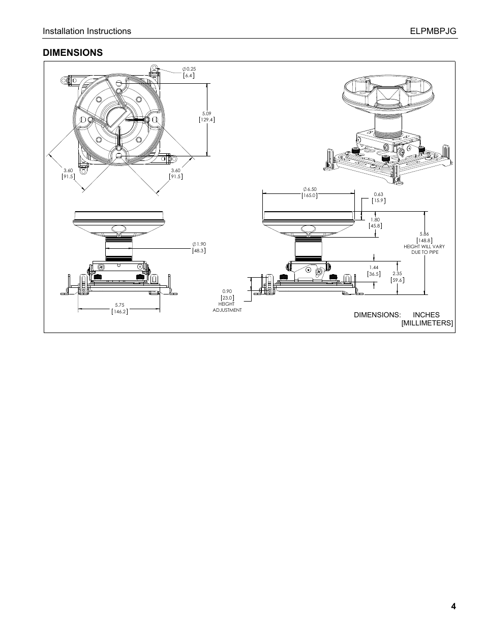 Dimensions, Installation instructions elpmbpjg 4 | Epson Universal Projector Mount with 3" Extension Column User Manual | Page 4 / 44