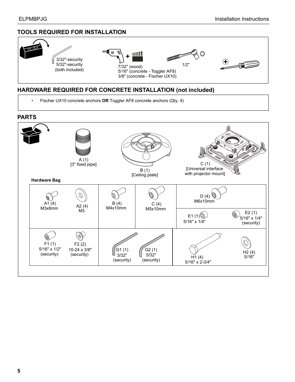 Tools required for installation, Parts | Epson Universal Projector Mount with 3" Extension Column User Manual | Page 5 / 44