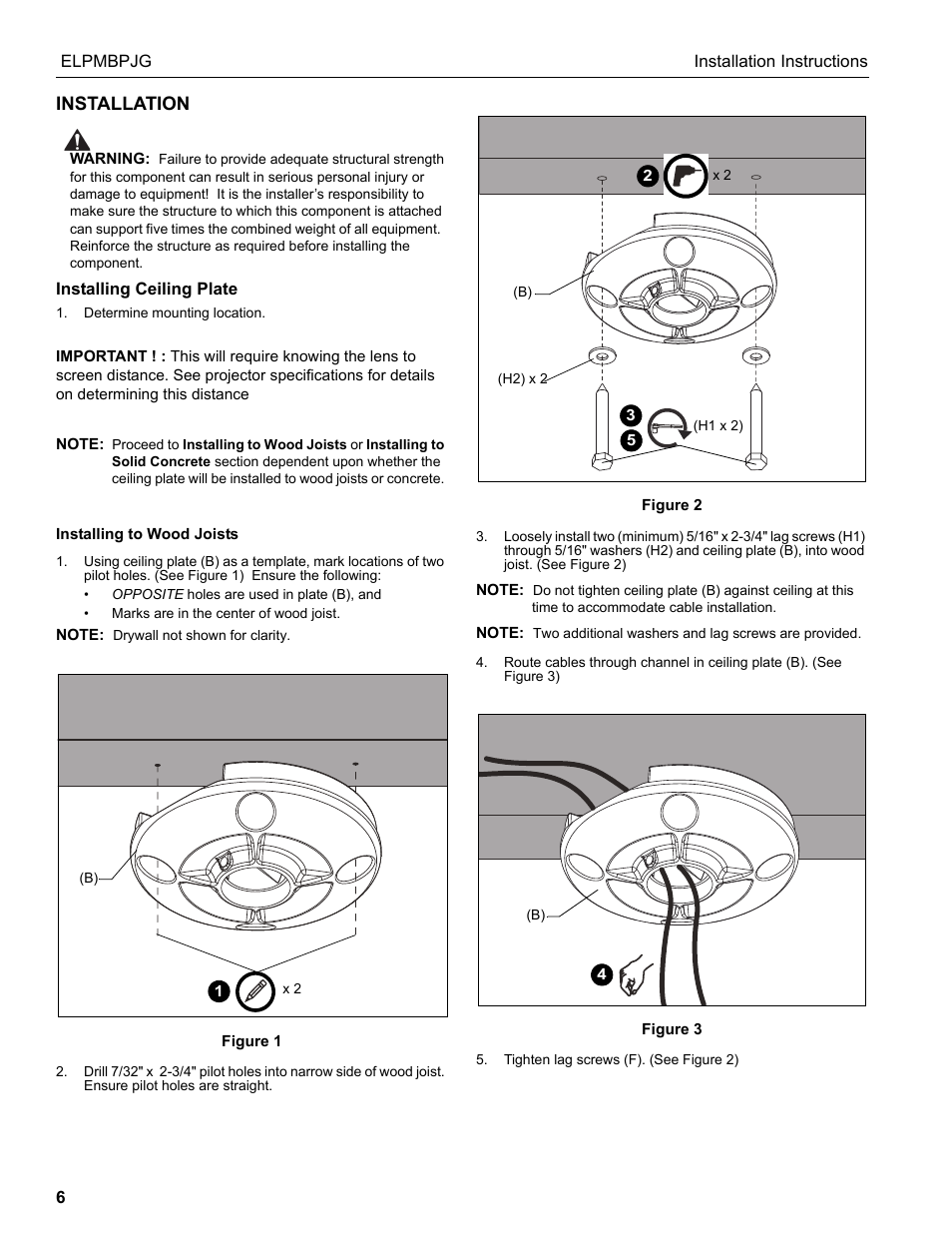 Installation, Installing ceiling plate | Epson Universal Projector Mount with 3" Extension Column User Manual | Page 6 / 44