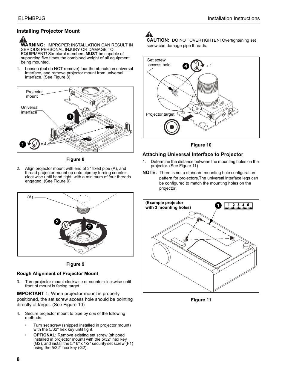 Installing projector mount, Attaching universal interface to projector | Epson Universal Projector Mount with 3" Extension Column User Manual | Page 8 / 44