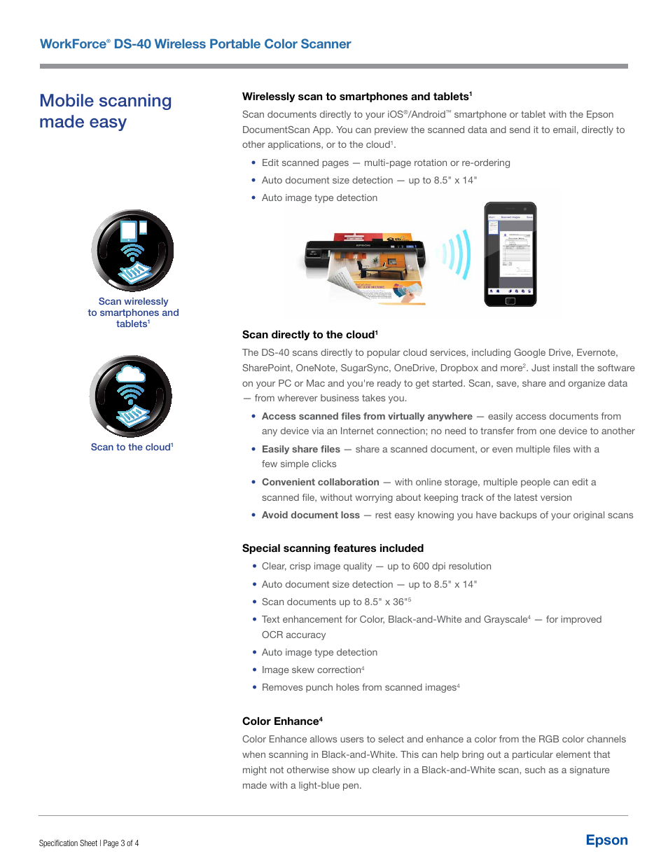 Mobile scanning made easy, Epson, Workforce | Ds-40 wireless portable color scanner | Epson AC Adapter for WorkForce DS-40 Scanner User Manual | Page 3 / 4