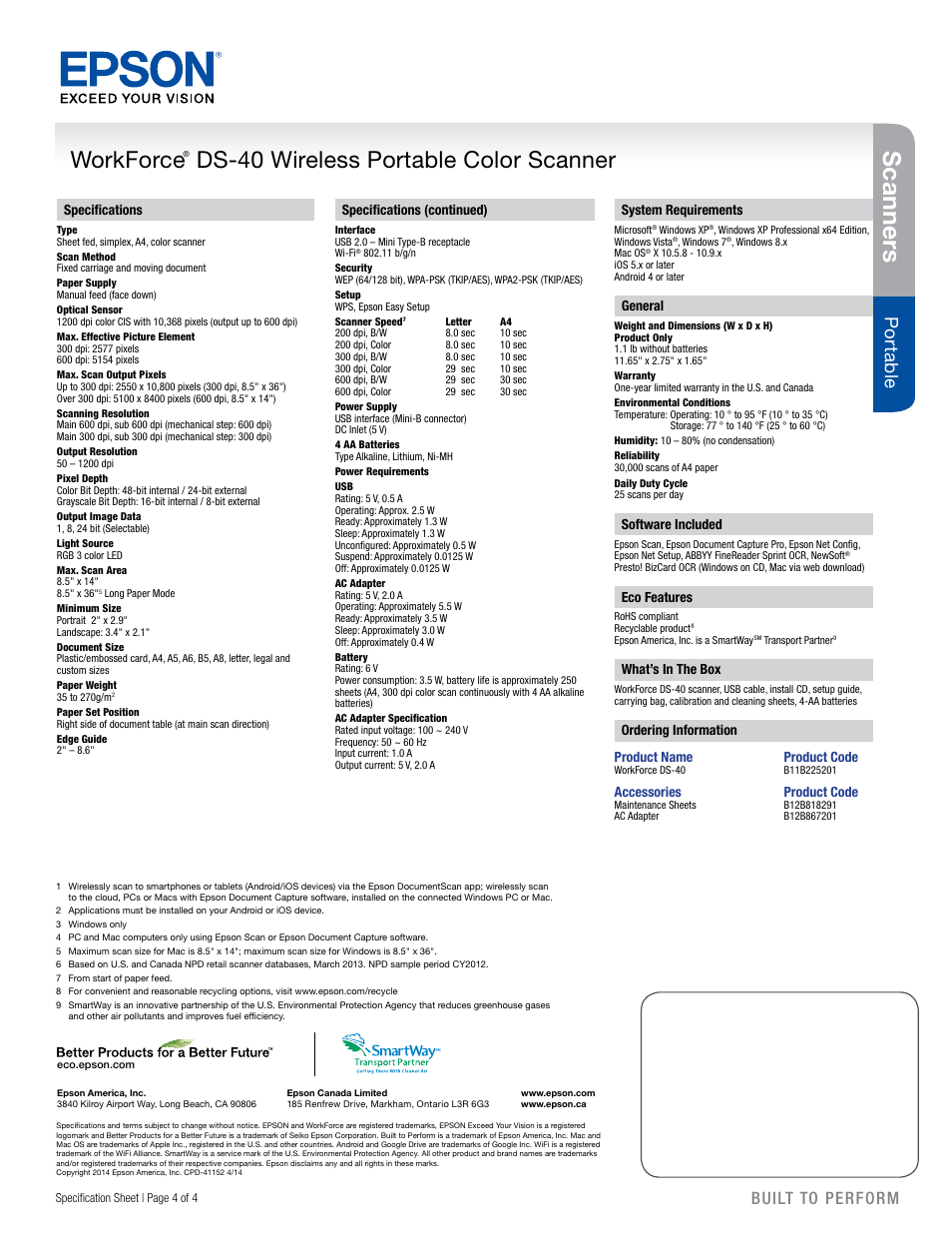 Scanners, Workforce, Ds-40 wireless portable color scanner | Po rt able, Name email phone number, Built to perform, Specifications, Specifications (continued), System requirements, General | Epson AC Adapter for WorkForce DS-40 Scanner User Manual | Page 4 / 4