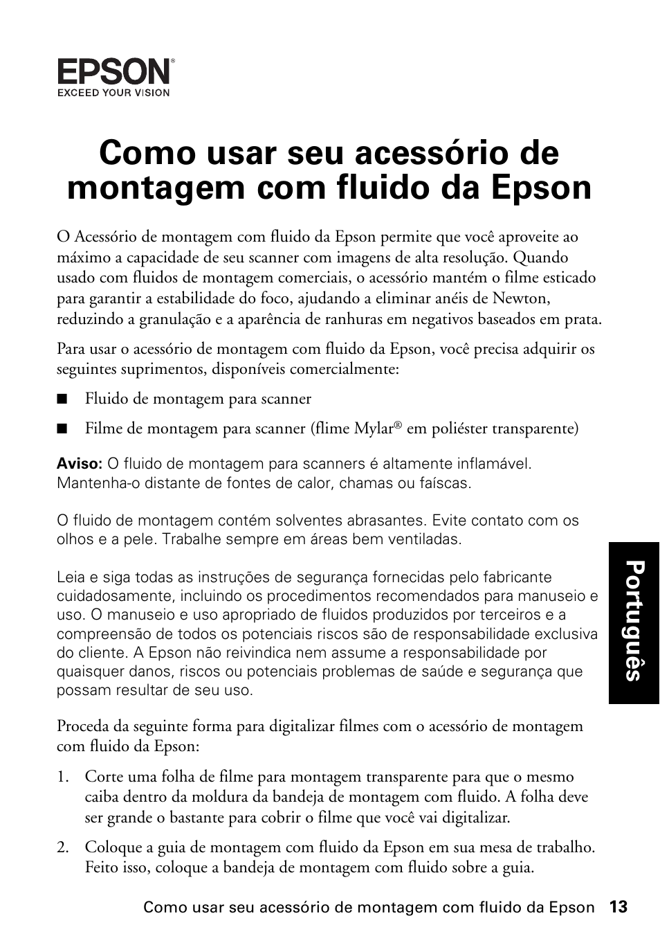 Português | Epson Fluid Mount User Manual | Page 13 / 16